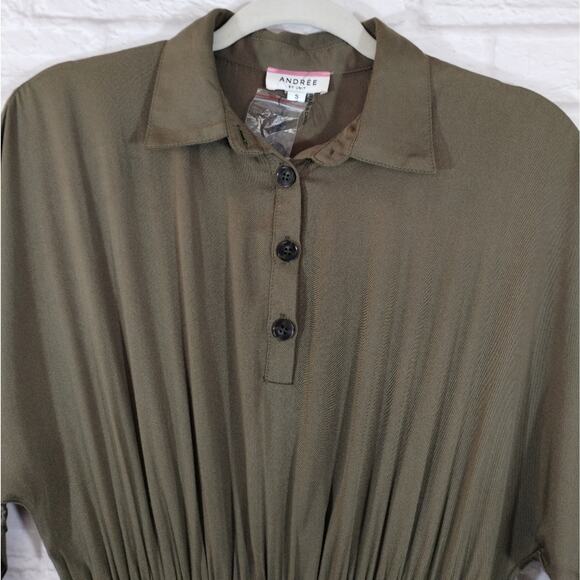 L Andree by Unit Olive Green Dolman Wide Sleeve Button Collared Dress S NWT Flaw - Picture 8 of 15